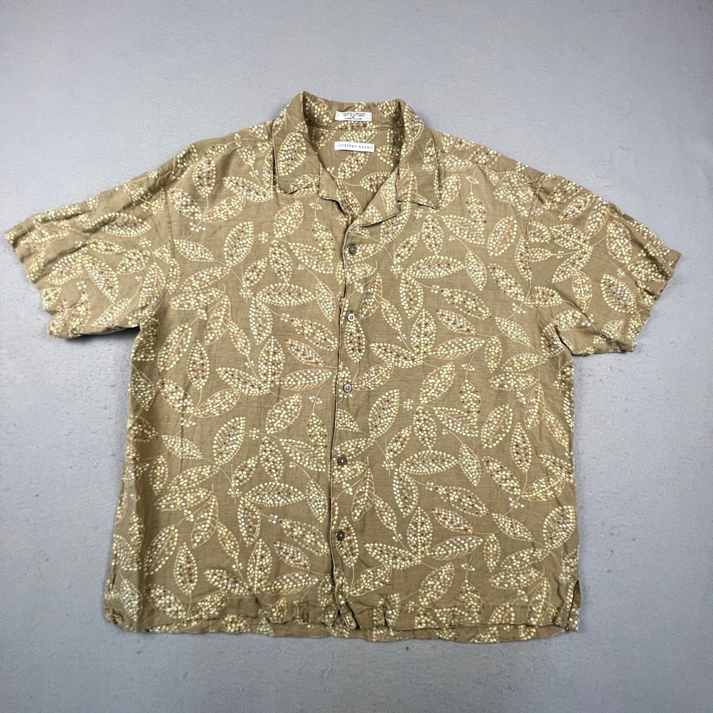 Geoffrey Beene Camp Shirt Mens XL Brown Linen Blend Leaf Print Short Sleeve Boho